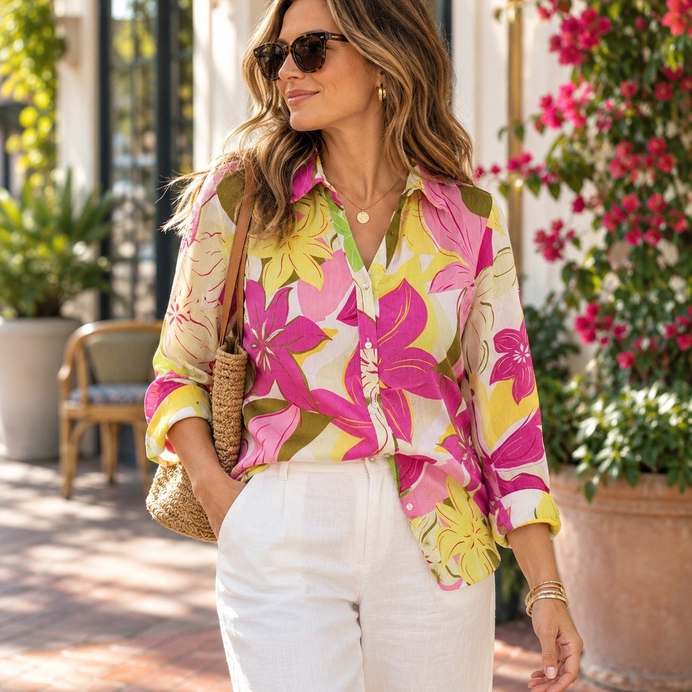Zara Blouse Tropical Floral Sheer Chiffon Button Down Pink Yellow Women's Medium